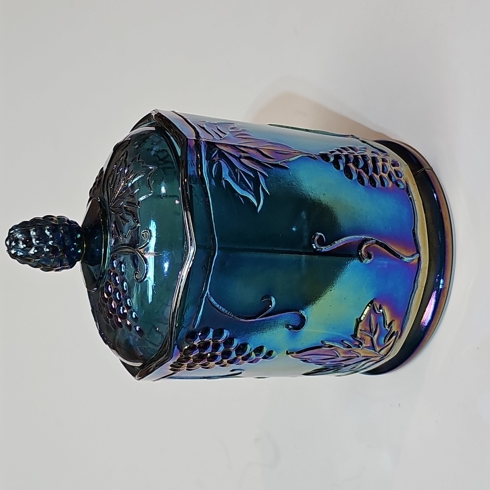 Vintage Indiana Glass Blue Carnival Glass "Harvest Grape" Jar Canister w/ Lid - Picture 2 of 16
